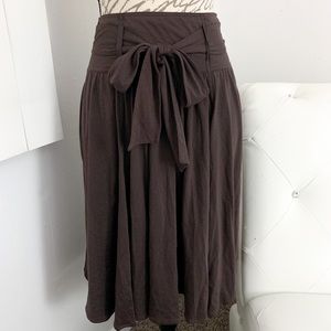 Theory High-Rise Wide Waistband Self-Tie Full Stretch Cotton Midi Skirt Brown 0